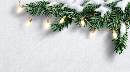 Evergreen branches adorned with snow and warm fairy lights create a festive atmosphere, perfect for holiday celebrations and seasonal decorations with copy space