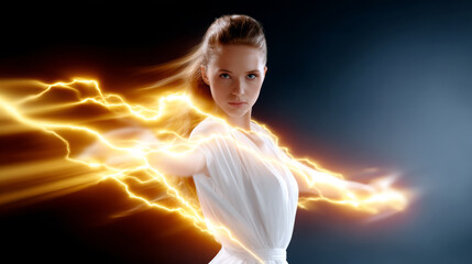 Female figure in white dress, with flowing hair, emanating electric energy, showcasing a powerful stance against a dark background, representing strength and dynamism in a creative illustration
