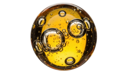 Golden liquid drop with bubbles isolated PNG, honey or oil serum bubble for cosmetic product and science experiment on transparent background