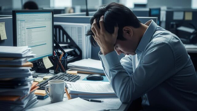 An overworked office worker stres deadline pressure paperwork messy desk computer screen late night fatigue burnout frustration stres relief corporate workplace with overtime anxiety and gray cubicle