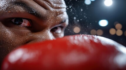 Intense focus and determination: a boxer's unwavering gaze during grueling training session