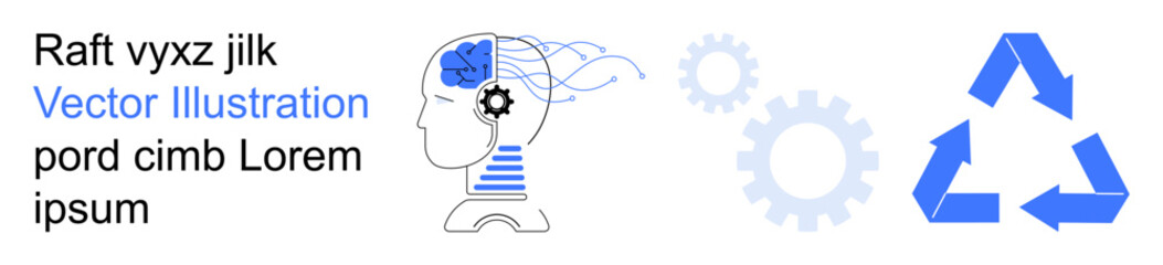 Sustainability, cognitive processes, innovation, eco-awareness, circular economy, environmental protection. Illustration features a head with gears and a recycling symbol. Sustainability