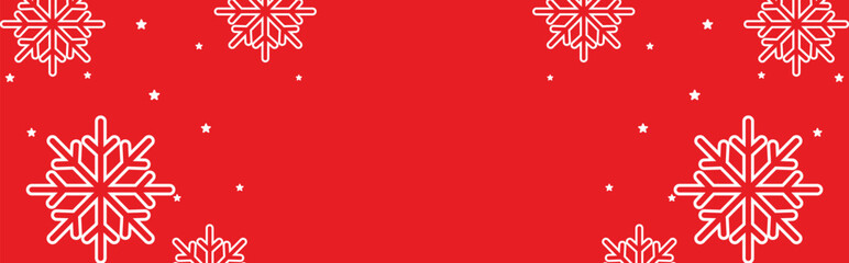 Festive red winter background with bold white geometric snowflakes and scattered stars framing wide copy space, ideal for Christmas greetings, seasonal invitations, web banners, and holiday promotions