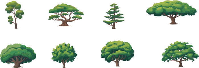 Collection of diverse cartoon trees with unique shapes and lush green foliage, detailed nature illustrations perfect for landscape design, environment art, and botanical projects