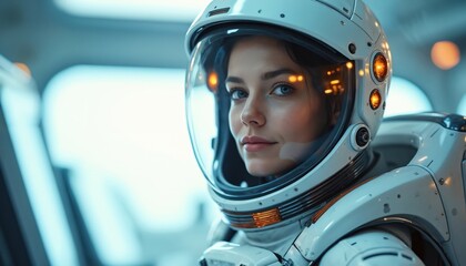 Female astronaut portrait in spacesuit. Woman with subtle smile inside spaceship. Futuristic tech lab background. Space mission concept. Outer space travel ready for adventure.
