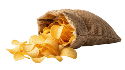 Crispy potato chips spilling from burlap sack isolated PNG, golden snack food for party and picnic on transparent background