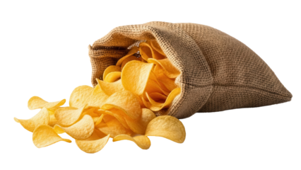 Crispy potato chips spilling from burlap sack isolated PNG, golden snack food for party and picnic on transparent background