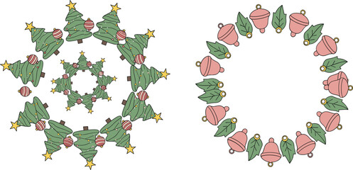 Hand drawn Christmas wreath set with trees and bells, festive circular holiday decoration vector illustration