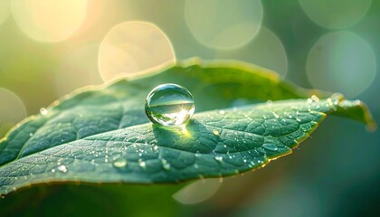 Macro shot of a single dewdrop on a green leaf with bokeh background.