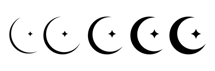 Five Crescent Moon and Star Icons  Progressive Thickness Set