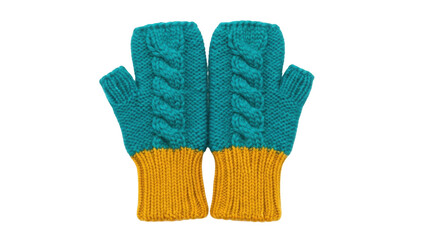 Isolated pair of cozy knitted mittens with cable pattern and mustard yellow cuffs; winter warm