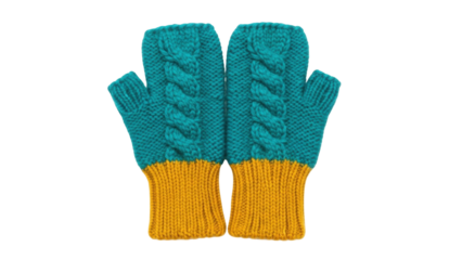 Isolated pair of cozy knitted mittens with cable pattern and mustard yellow cuffs; winter warm
