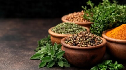 Aromatic spice assortment in rustic pottery presents culinary artistry for seasonings