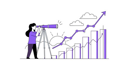Illustration depicting a visionary woman anticipating future market growth with telescope