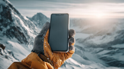The idea of holding a phone while wearing a glove on a snowy mountain peak