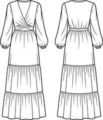 Women long sleeve maxi dress technical fashion illustration front and back view wrap bodice tiered skirt flat sketch