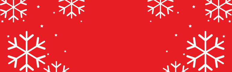 Festive red winter background with bold white geometric snowflakes and scattered stars framing wide copy space, ideal for Christmas greetings, seasonal invitations, web banners, and holiday promotions
