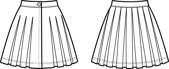 Women pleated skirt technical fashion illustration front and back view high waist garment flat sketch vector design