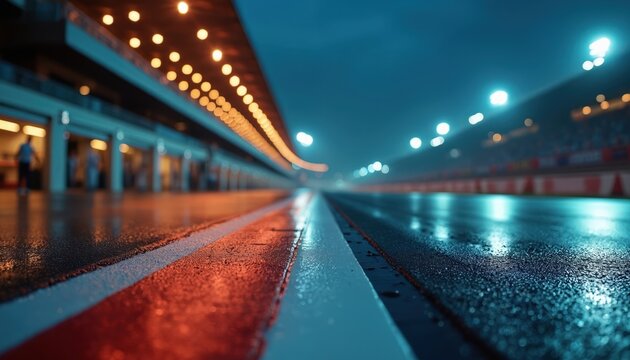 Wet racetrack pit lane at night reflecting lights. Blurred background shows stadium seating, track stretches to horizon. Empty race circuit after rain, moody atmosphere. - Powered by Adobe