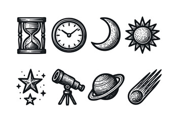 Time and space engraved icons &mdash; hourglass, telescope, planet, and other celestial and time symbols &mdash; stock vector.