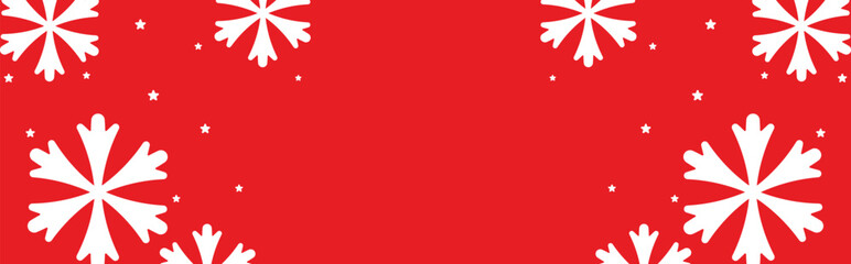 Festive red winter background with bold white geometric snowflakes and scattered stars framing wide copy space, ideal for Christmas greetings, seasonal invitations, web banners, and holiday promotions