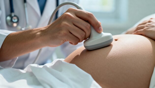 Doctor performing prenatal ultrasound scan on pregnant woman's belly during medical checkup close-up. - Powered by Adobe