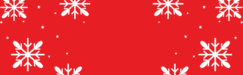 Festive red winter background with bold white geometric snowflakes and scattered stars framing wide copy space, ideal for Christmas greetings, seasonal invitations, web banners, and holiday promotions