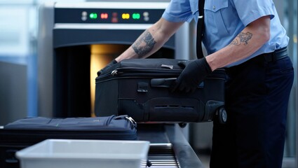 Fototapeta premium Security officer inspecting luggage at airport x-ray screening checkpoint.