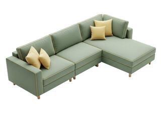 Isolated light green sectional couch with yellow pillows for living room, home interior