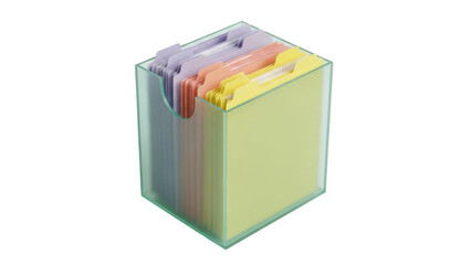 Isolated box of colorful file folders with tabs, for office or home organization purposes
