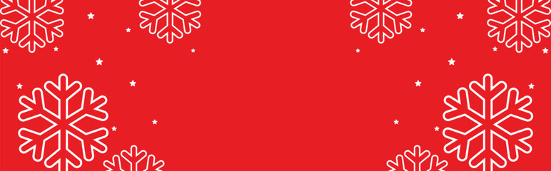Festive red winter background with bold white geometric snowflakes and scattered stars framing wide copy space, ideal for Christmas greetings, seasonal invitations, web banners, and holiday promotions