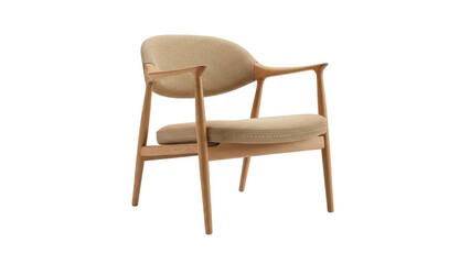 Isolated elegant oak chair with beige fabric upholstery in minimalist design style furniture