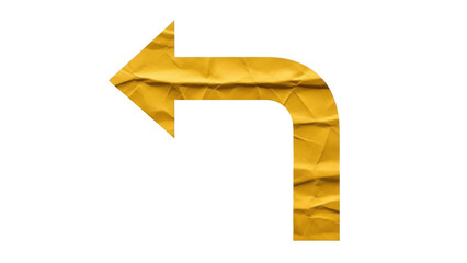 Isolated yellow direction arrow pointing left and bending down on paper texture surface
