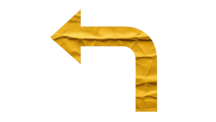 Isolated yellow direction arrow pointing left and bending down on paper texture surface