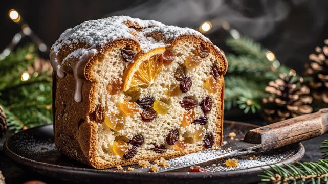 Festive panettone cake dusted with powdered sugar and topped with orange slices. Christmas fruit bread sliced to reveal raisins and candied fruits. Holiday dessert served on plate with pine branches