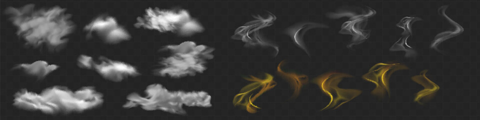 Realistic white cloud or fire smoke in the sky and vector weather element on transparent background. Chimney smoke, fog wave or cloud pattern with overlay effect. Cloud art or smoky air illustration.