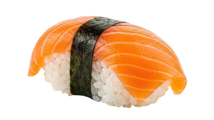 Isolated salmon nigiri sushi with nori seaweed wrap, Japanese cuisine seafood preparation