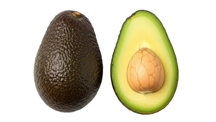 Isolated ripe avocado cut open with seed next to whole fruit on seamless background