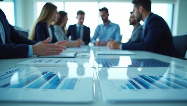 Diverse business people in formal attire analyze charts and graphs in a bright modern office. Team collaborates on financial data discussing strategy for future growth and investment. - Powered by Adobe