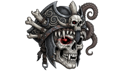 Skull with Viking Helmet and Tentacles Illustration