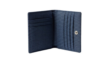 Isolated blue leather card holder with multiple slots for cards, open on a plain backdrop