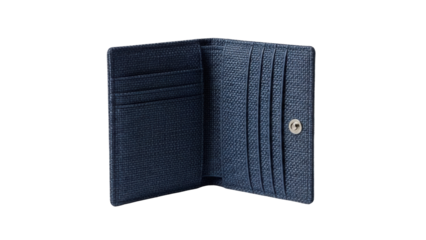 Isolated blue leather card holder with multiple slots for cards, open on a plain backdrop