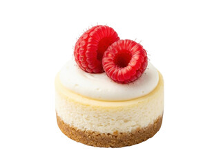 Isolated round cheesecake with cream cheese frosting and fresh red raspberries, dessert food