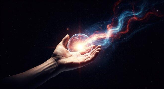 Human hand holding glowing planet orb with swirling cosmic energy and nebulae in dark starry deep space
