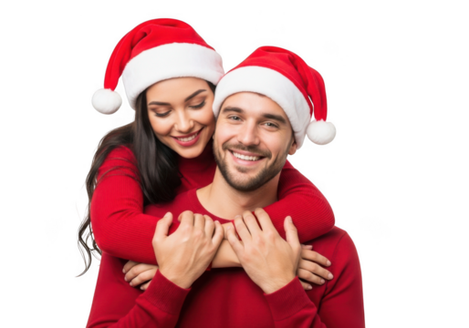 A happy couple wearing santa hats and red sweaters, embracing and smiling, isolated on transparent background - Powered by Adobe