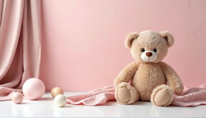 Fluffy teddy bear sits on soft pink blanket with pastel spheres. Cozy composition evokes innocence, sweetness, and childlike wonder. Perfect for baby, nursery, or gift.