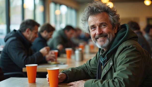 Smiling elderly man in homeless shelter dining hall. He has grey hair and beard looking at the camera. Other people at the table and drink cups. - Powered by Adobe