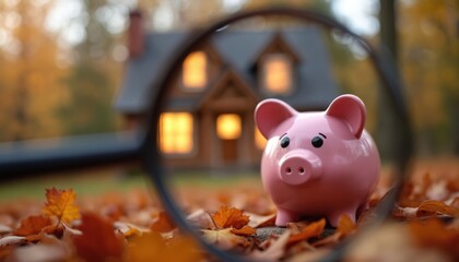 Pink piggy bank sits on fallen autumn leaves near a house. Magnifying glass inspects savings for home purchase. Warm evening light highlights cozy scene.