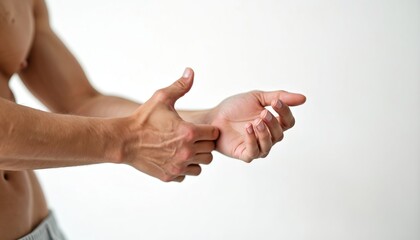 Male person touches wrist. Man performs hand gesture on white background. Body part against light studio backdrop. Healthy skin. Body care concept. Healthcare related image.