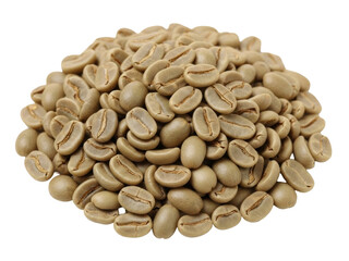 Isolated mound of raw green unroasted coffee beans, healthy drink ingredient still with skin